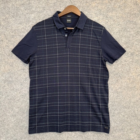 Hugo Boss Other - Hugo Boss Mercerised Polo Shirt Mens Large Regular Fit Navy Blue Grid Pattern